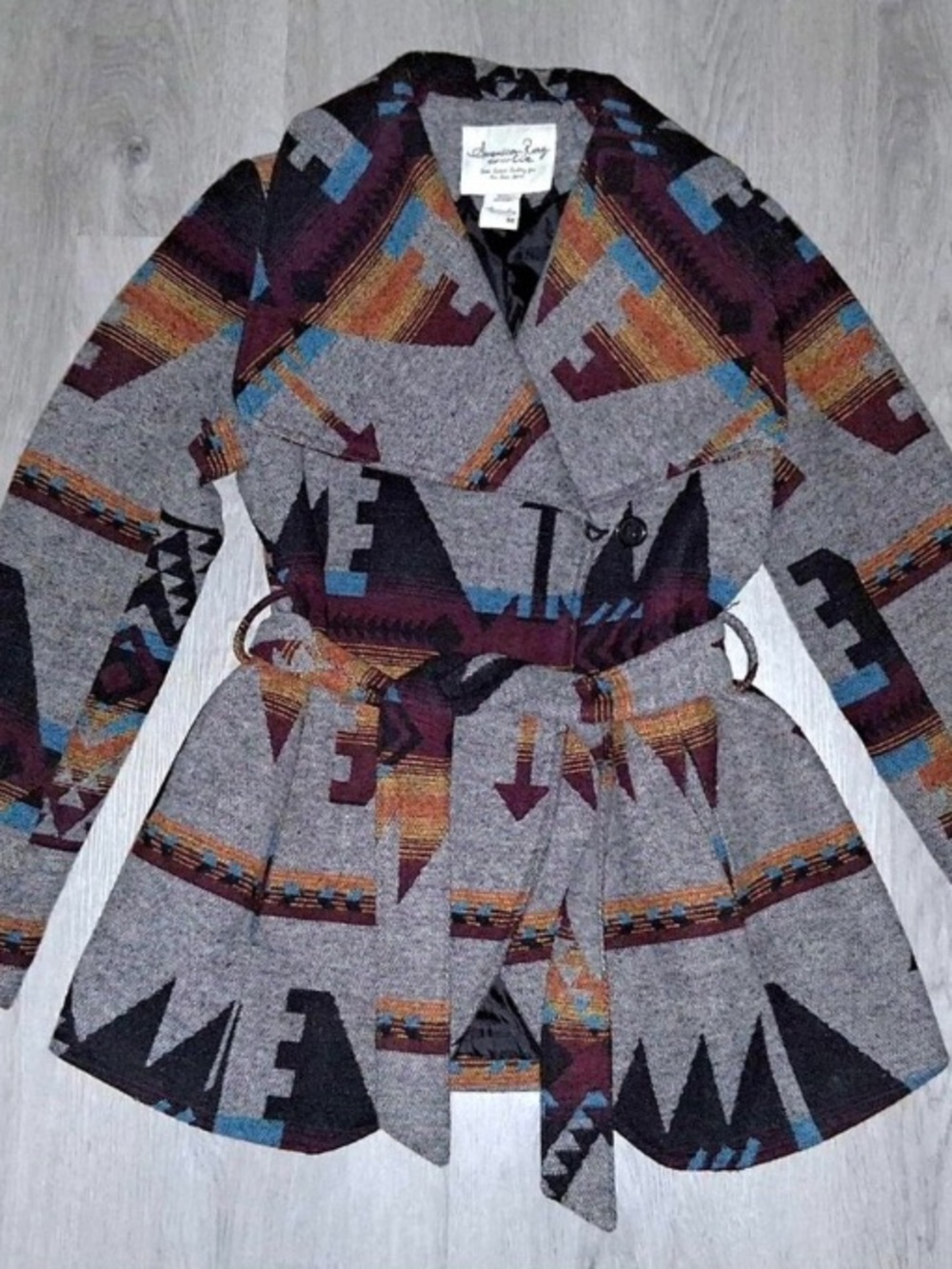 American Rag Southwestern Tribal Aztec Pattern Belted Wool Blend Coat MEDIUM